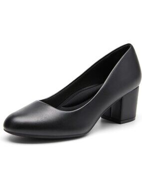 Women's Black Pu Chunky Block Heel Pumps Round Toe Non Slip Outsole Dress Shoes